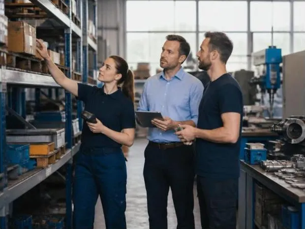 A warehouse team checking stock locations with a scanner and tablet